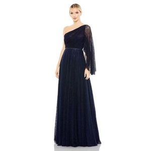 MAC DUGGAL $598 NAVY ONE SHOULDER ILLUSION SLEEVE A LINE LACE MAXI GOWN SZ 6 NEW